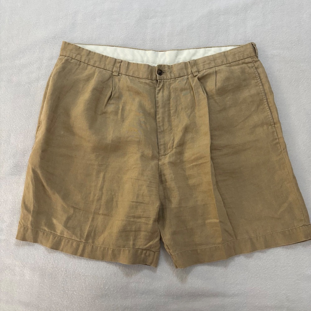 Brooks Brothers 346 Mens Tan 100% Linen Pleated Shorts Khaki Size 42